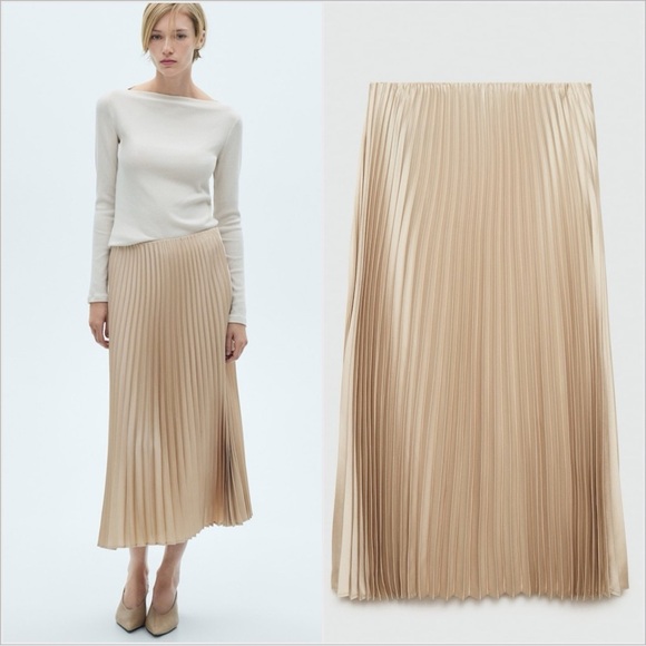 NWT Mango MNG Pleated Long Skirt Cream Champagne Size L Large - Picture 1 of 14